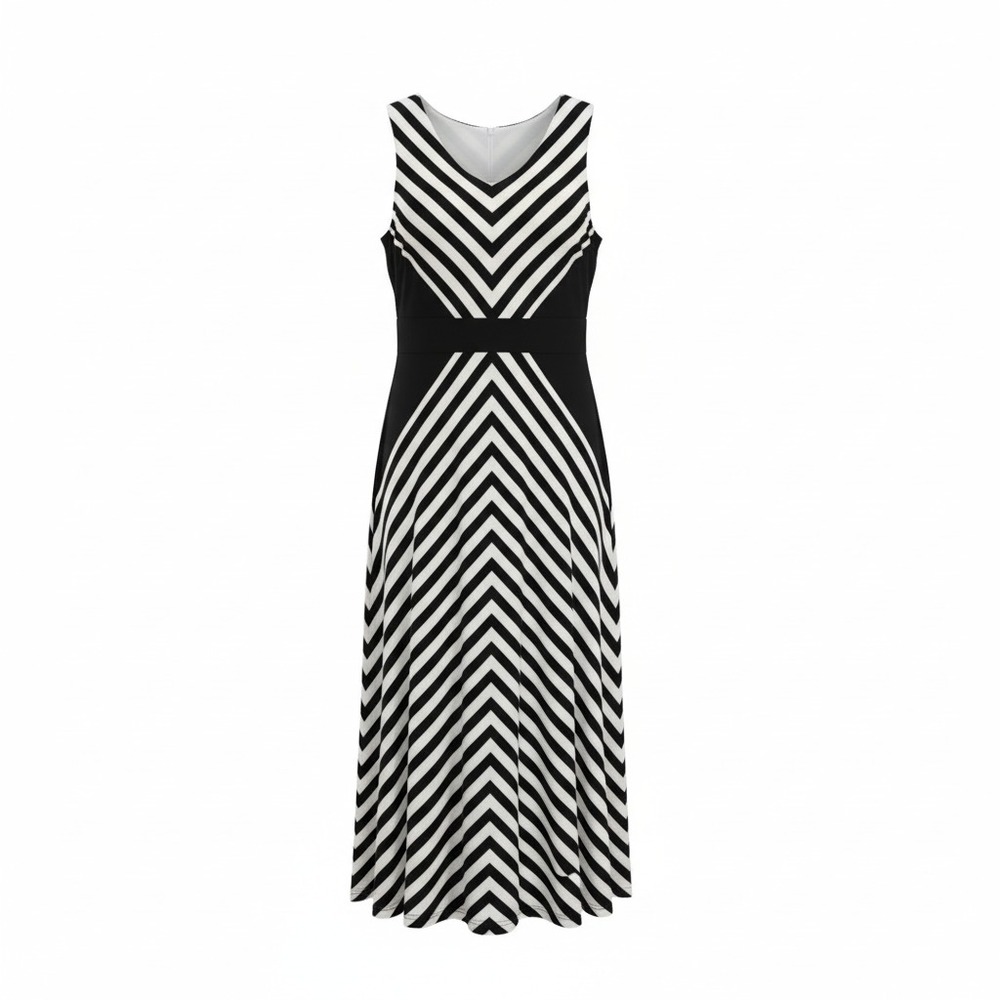 Dana Buchman Dress Womens 14 Black/White Striped V-Neck Sleeveless Maxi NEW